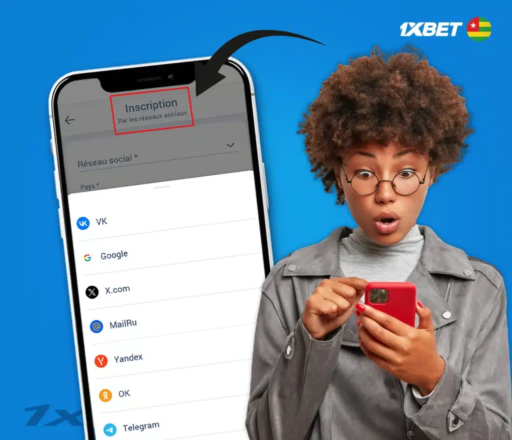 Inscription via les réseaux sociaux et les messageries sur 1xBet Togo