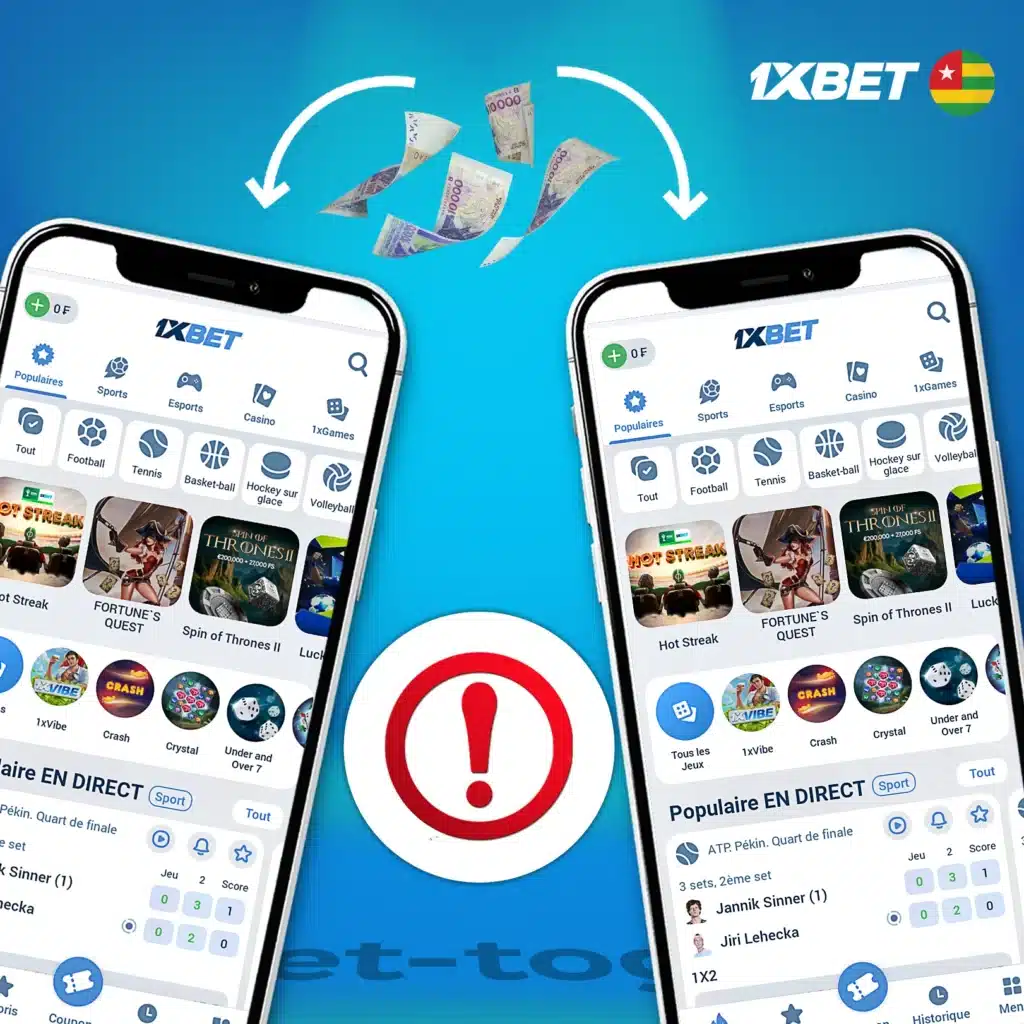 Conditions de transfert d'argent entre comptes de jeu sur 1xBet Togo