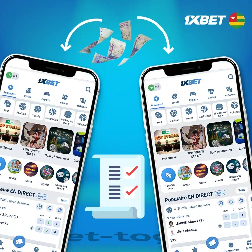 Instructions étape par étape pour transférer de l'argent entre utilisateurs sur 1xBet Togo
